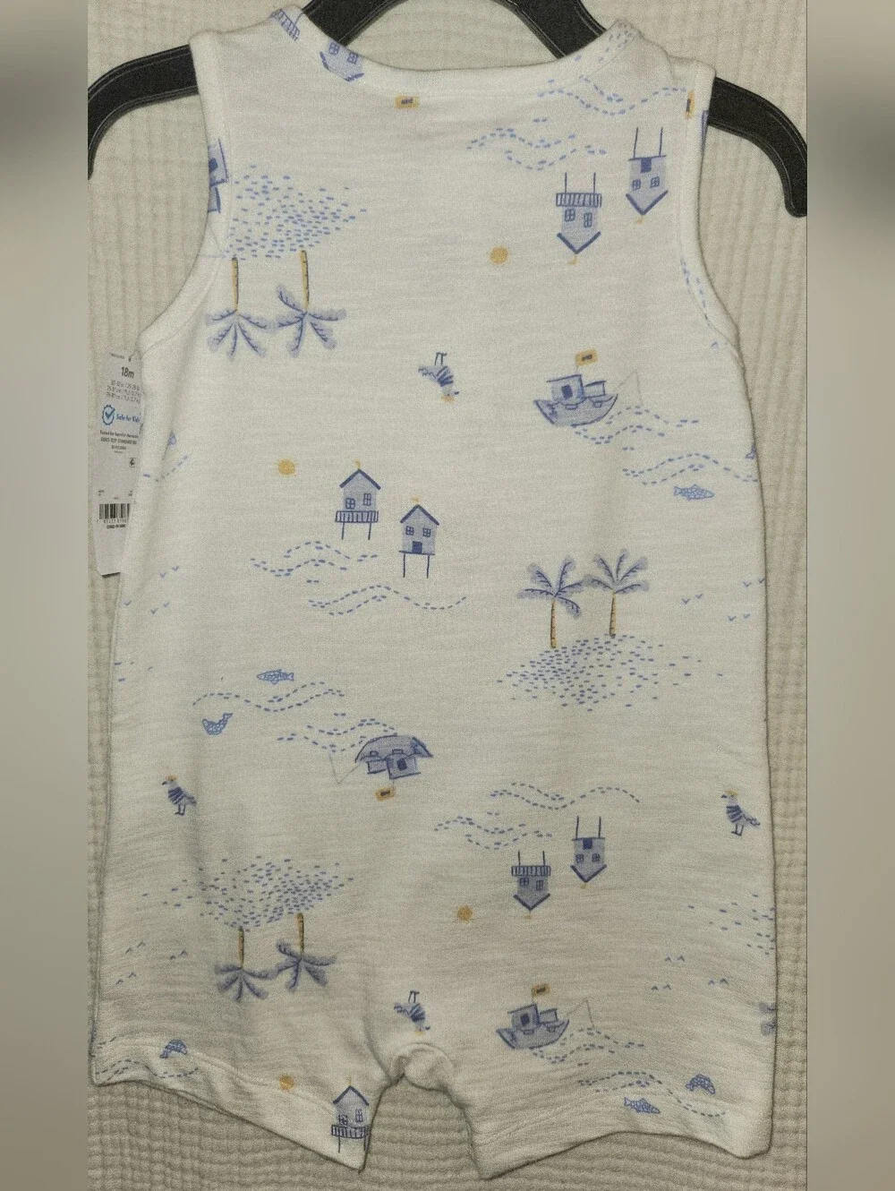 Carter's Sleeveless 100% Cotton Baby Boy Romper in Cream with Blue Print 18M NWT